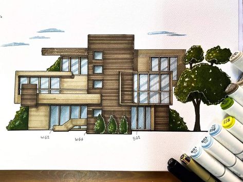 Exterior Sketch Architecture, Front View House Design Drawing, House Sketch Architecture Drawings, Modern House Sketch Architecture, Elevation Sketch Architecture, Elevation Architecture Drawing, Architecture Drawing House, Marker Sketch Architecture, Architecture House Drawing