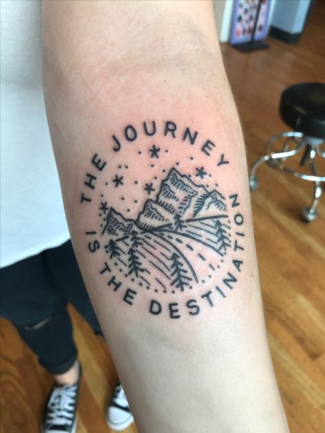 The journey is the destination tattoo #tattoo #travel #road #journey The Journey Is The Reward Tattoo, The Journey Is The Destination Tattoo, Life Is A Journey Tattoo, Road Less Traveled Tattoo, On The Road Tattoo, Road Trip Tattoo Ideas, Enjoy The Journey Tattoo, The Journey Tattoo, Journey Tattoo Ideas