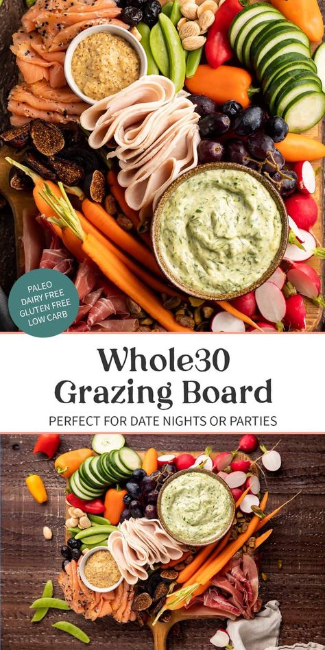 This grazing board is paleo and Whole30 compliant, the perfect way to start date night or a gathering with friends and family on a round! Super customizable and straight-up fun, too. Gathering With Friends, Whole 30 Snacks, Paleo Appetizers, Whole 30 Lunch, Dairy Free Low Carb, Whole 30 Meal Plan, Grazing Board, Whole 30 Diet, Dairy Free Gluten Free