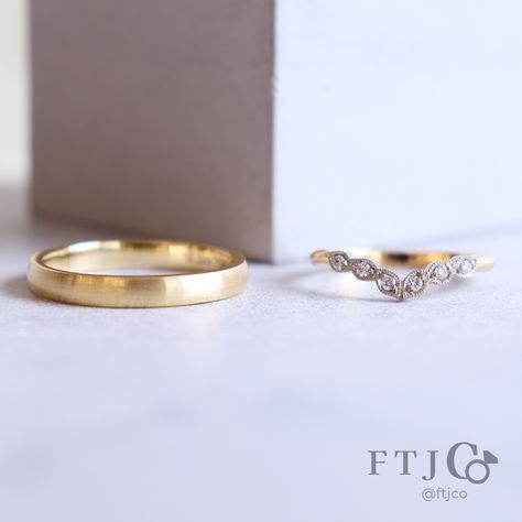 There are two customizations captured in the photos of these wedding bands, can you spot them? This couple had us engrave their wedding date in both their bands, and the lovely diamond Laurel band is two-toned! The diamond-set milgrain-edged leafies are white gold, while the remaining band is yellow gold. More of you have been requesting two-toned rings lately, and we've been loving it! It certainly lends a vintage feel, especially when paired with flourishes like the milgrain seen here. Plus... Unique Bands, Simple Band, Classic Wedding Rings, White Gold Set, Wedding Date, Diamond Set, Custom Rings, Lab Grown Diamonds, Two Tone