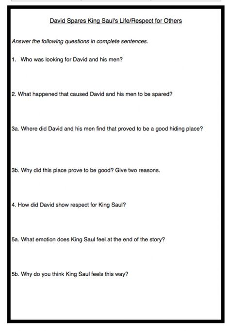 David Spares King Saul's Life-Respect for Others - Interactive worksheet King Saul Worksheet, David Spares Saul, King Saul, Showing Respect, Bible Study Topics, Complete Sentences, Respect Others, Religious Studies, Kids Church