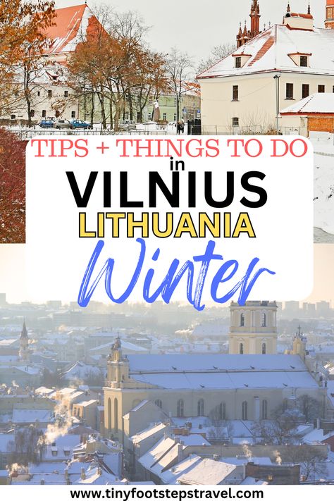 The ultimate guide for visiting Vilnius, Lithuania in winter. Here you will find the best tips, things to do, what the weather is like, and more. Vilnius Winter, Vilnius Aesthetic, Lithuania Winter, Baltic Countries, Vilnius Lithuania, Christmas Travel, Beautiful City, Winter Months, Lithuania