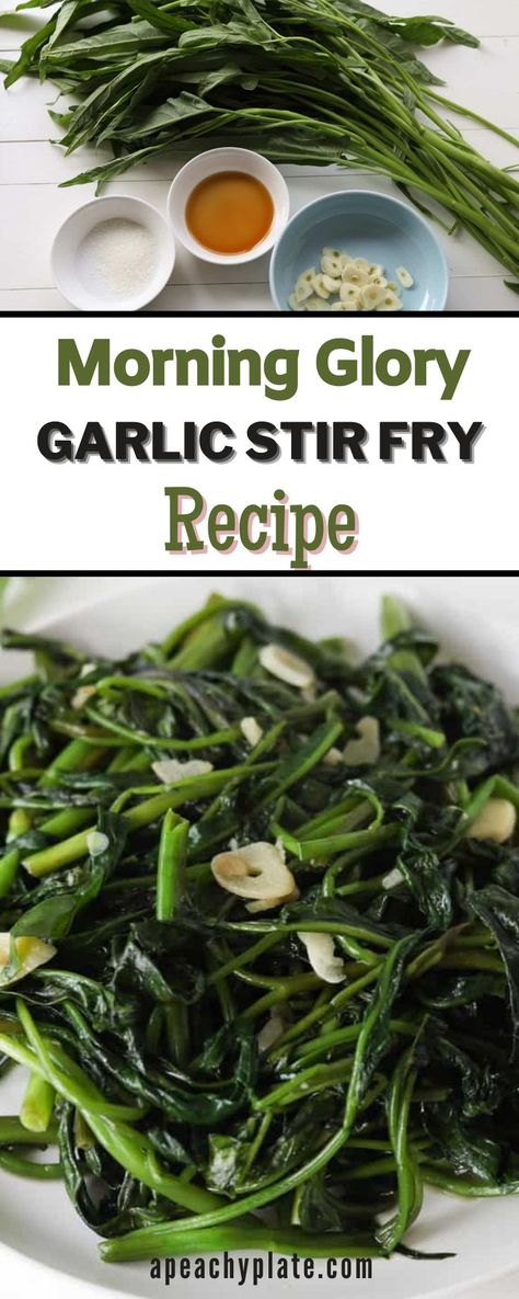 This morning glory stir fry with garlic (rau muong xao toi) was a staple dish in my home growing up. This leafy green is similar to spinach, except the stem is thicker with a tubular and hearty stalk. A hefty bundle of rau muong will cook down to a smaller volume quickly (just like spinach). The leaves have a slight chew while the stalk, if not overcooked, will have a light crunchy bite. Rau muong is a quick and simple side dish that’s easy to make with only 4 ingredients. Garlic Stir Fry, Stir Fry Spinach, Fried Spinach, Plate Recipes, Pork Broth, Water Spinach, Soup Dish, Stir Fry Recipe, How To Wash Vegetables