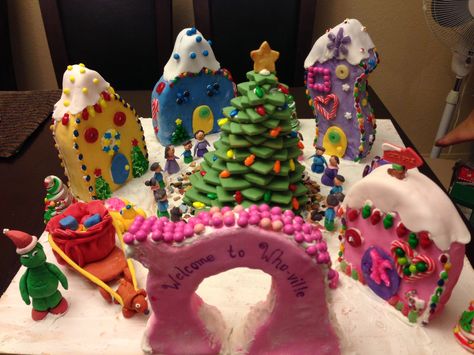 Our Whoville Gingerbread house Whoville Gingerbread House, Grinch Gingerbread House, Cool Gingerbread Houses, Gingerbread House Template, Gingerbread House Parties, Grinch Christmas Party, Gingerbread House Designs, Whoville Christmas, Grinch Who Stole Christmas