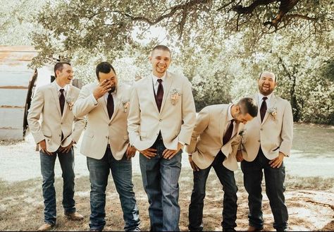 Tan Suit With Jeans Wedding, Tux Jacket With Jeans Men, Tan Blazer With Jeans Men Wedding, Tan Jacket And Jeans Groomsmen, Tan Groomsmen Attire With Jeans, Tan Jacket Outfit, Groomsmen Jeans, Blazer With Jeans Men, Country Groom Attire