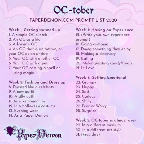 Oc Ideas Inspiration, Drawing Prompt List, Oc Drawing Prompts, Oc Tober, Oc Prompts, Sketchbook Prompts, 30 Day Art Challenge, Art Journal Challenge, 30 Day Drawing Challenge