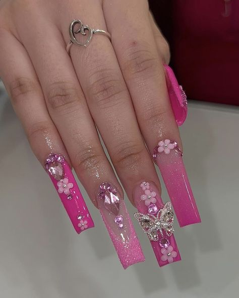 ig: nailsbyzairaa Pink Quince Decorations, Hot Pink Acrylic Nails, Prom Nails Red, Pink Quince, Quince Decorations, Deep Magenta, Spring Acrylic Nails, Hot Pink Nails, Nice Nails