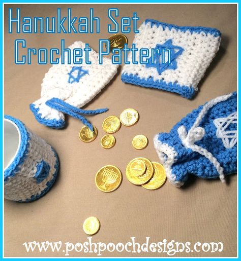 Hanukkah Crochet, Small Crochet Gifts, Jewish Crafts, Hanukkah Crafts, Crochet Motif Patterns, Crochet Pouch, Holiday Crochet, Set Patterns, Crochet Videos