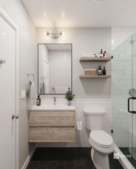 Minimal Restroom, Shelves Above The Toilet, Artisan Bathroom, Toilet Remodel, Small Bathroom Mirrors, Decor Small Bathroom, Bathroom Remodels, Bathroom Remodel Ideas, Small Sink