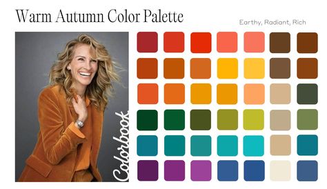 Warm | True Autumn: the guide to color, style, & make-up — ColorBook Color Palette For Autumn Skin Tone, True Autumn Eyeshadow, Warm Autumn Colour Palette, True Autumn Colour Palette, Warm Autumn Color Analysis, Vibrant Autumn Color Palette, Warm Autumn Makeup Looks, House Of Color Autumn Outfits, House Of Colour Autumn Outfits