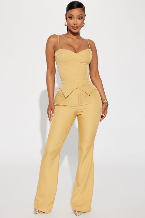 Available In Mustard. Pant Set Sweetheart Neckline Adjustable Spaghetti Straps Fully Lined Invisible Side Zipper Flare Pants Belt Loops Faux Pockets Minimal Stretch Inseam: 33" Top/Bottom: 95% Polyester 5% Spandex Top: 100% Polyester Imported | Amika Pant Set in Mustard Yellow size Large by Fashion Nova Sharp Mind, Mustard Fashion, Football Game Outfit, Spandex Top, Yellow Outfit, Khaki Fashion, Pant Suit, Teacher Outfits, Football Game