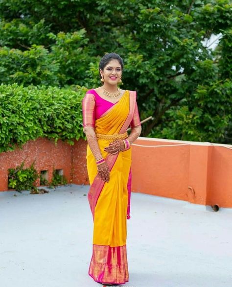 Yellow Colour Saree, After Wedding Outfit, Yellow Blouse Designs, Saree Colors, Saree Color Combinations, Bride Hairstyles For Long Hair, South Indian Wedding Saree, Super Idol, Langa Voni