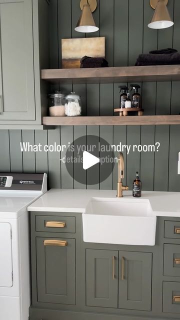 Evergreen Fog Cabinets Laundry Room, Light Green Laundry Room Cabinets, Utility Room Cabinet Colors, Olive Green Laundry Room Cabinets, Pink And Green Laundry Room, Laundry Room Colours, Green Cabinet Laundry Room, Laundry Room Ideas Green, Laundry Room Green Cabinets