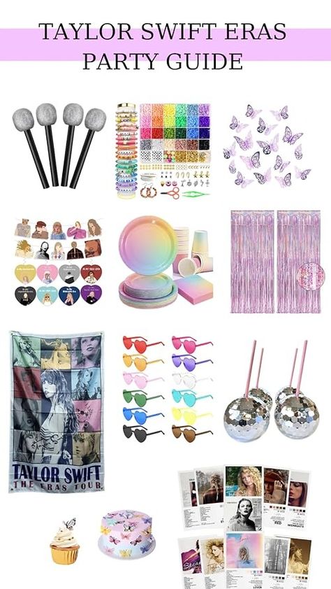 Taylor Swift Era Party Decorations, Eras Party Outfits, Eras Party Decorations, Taylor Swift Bday Decoration, Taylor Swift Party Activities Ideas, Taylor Swift Themed Sleepover Ideas, Eras Tour Viewing Party, Taylor Swift Goody Bag Ideas, Taylor Swift Themed Party Favors