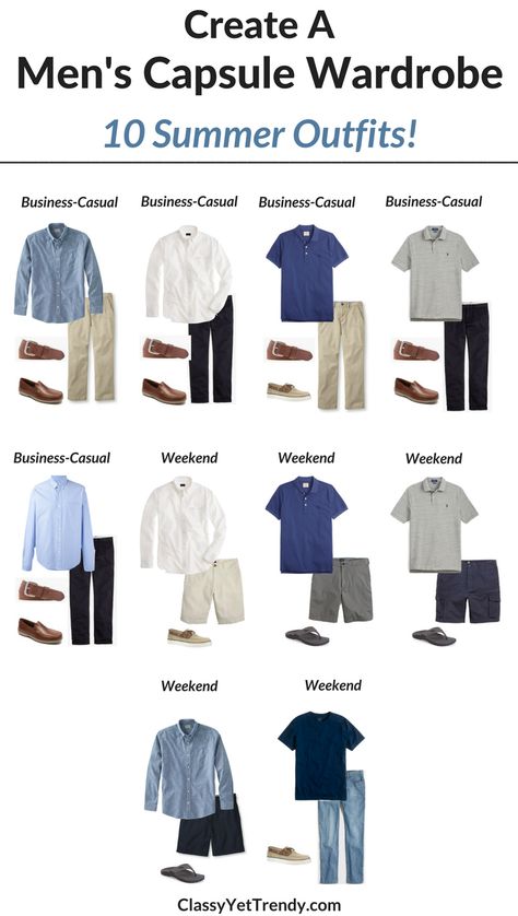 Create a Men’s capsule wardrobe for the Summer…Transform Your Closet! I’m sharing a few featured items in the capsule wardrobe and shows how you can mix and match those items to create several outfits! Features a white oxford shirt, chambray shirt, polo shirt, chinos, twill shorts, jeans, cargo shorts, khaki pants, boat shoes and loafers. Khaki Pants Outfit Men, Capsule Wardrobe Men, Men's Capsule Wardrobe, Khaki Pants Outfit, Mens Wardrobe Essentials, Minimalist Moda, Men's Business Casual, Mens Business Casual Outfits, Classy Yet Trendy