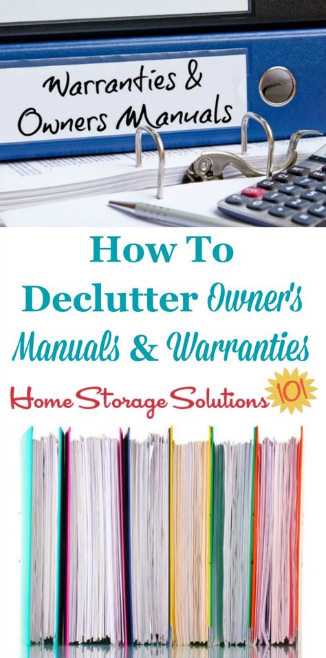 How to declutter owner's manuals and warranty documents, including what to keep versus to get rid of, and also tips for digitally organizing these manuals so you can get rid of even more paper clutter {on Home Storage Solutions 101} Storage For Manuals, Organizing Manuals And Warranties, Manual Storage Ideas, Manual Organization, Home Organization Declutter, Organizing Clutter, Office Organizing, Organizing Paperwork, Paper Clutter