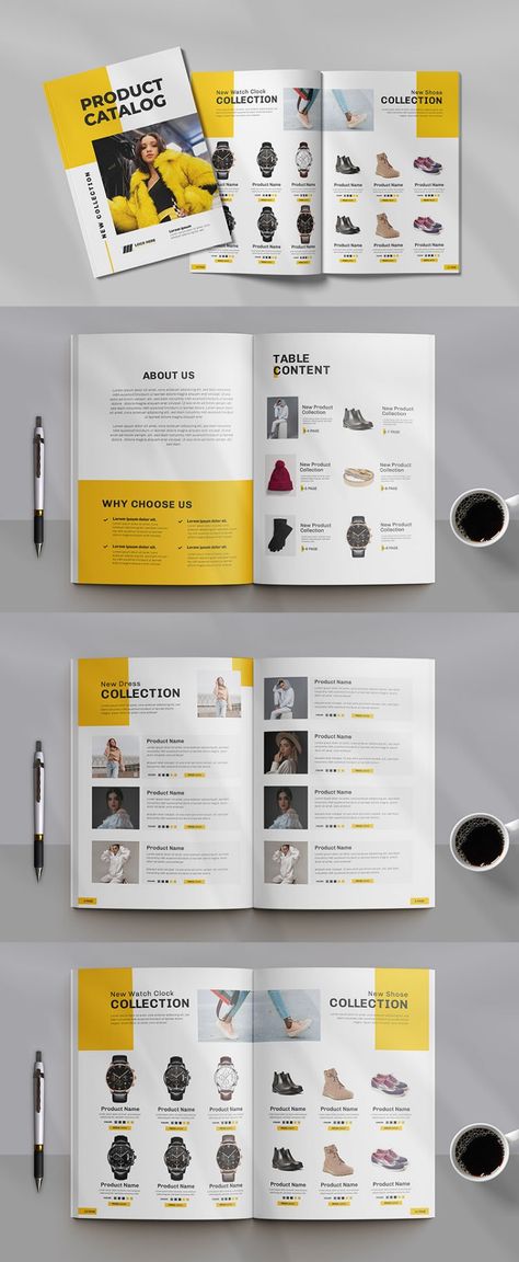 Product catalogue or Catalog design Magazine Template Print Catalog Design, Single Page Brochure Design, Product Layout Design Catalog, Catalog Layout Design Inspiration, Catalogue Design Fashion, Product Catalogue Cover Design, Product Brochure Layout, Product Catalog Design Inspiration, Catalogue Layout Design Product