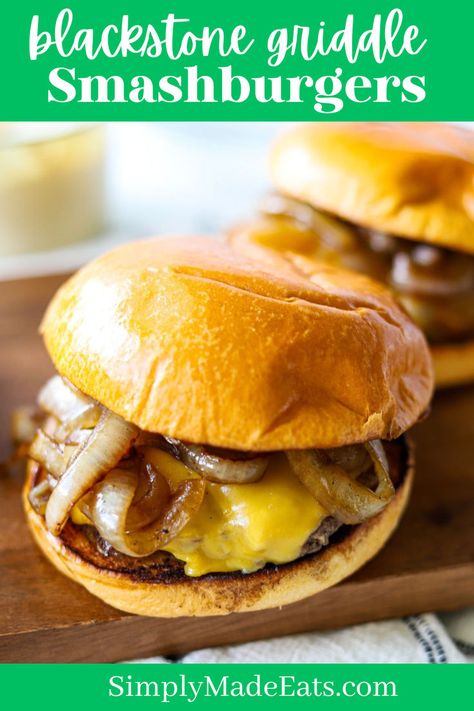 Smashburgers on brioche buns with cheese and sauteed onion. Smash Burger Recipe, Ultimate Burger, Smash Burgers, Brioche Bun, Blackstone Griddle, Grilled Onions, Smash Burger, Onions, Sauce