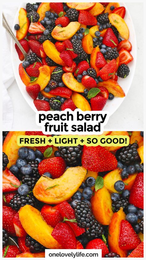 Let's make Peach Berry Fruit Salad! This delicious summer fruit salad is made from fresh peaches and berries with a bright, tangy dressing. It's a beautiful summer side dish everyone loves! This peach recipe is a great side dish for a BBQ or summer picnic. Get the recipe for this peach fruit salad and more fruit salad recipes to try at One Lovely Life End Of Summer Fruit Salad, September Fruit Salad, Fruit Dishes For Parties, Fruit Ideas For Party, Nectarine Fruit Salad, Fruit Salads For Parties, Summer Fruit Tray, Peach Fruit Salad, Summer Fruit Salads