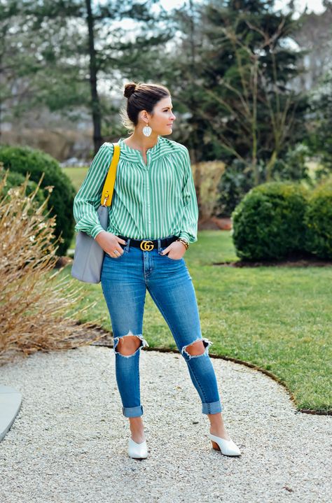 Green Striped Blouse, Levi's Denim, White Mules, Spring Outfit, Tilden of To Be Bright Denim And Shirt Outfit Women, Green T Shirt Outfit Casual Women, Green Stripes Shirt Outfit, Outfit With Green Shirt, Green Shirt And Jeans Outfit, Green And White Striped Shirt Outfit, Green Shirt Outfit Ideas, Green Striped Shirt Outfit, Denim Blouse Outfits