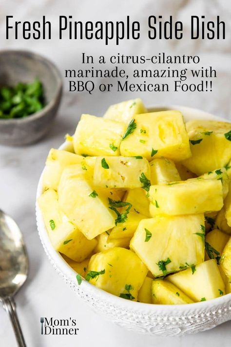 A fresh pineapple recipe that makes an amazing side dish! Fresh cut pineapple in marinated in a citrus cilantro marinade. This side dish pairs really well with spicy, Mexican, or barbecue flavors. Cilantro Marinade, Fresh Pineapple Recipes, Mexican Vegetables, Cilantro Salad, Pineapple Recipe, Tropical Fruit Salad, Pineapple Salad, Mexican Side Dishes, Cut Pineapple