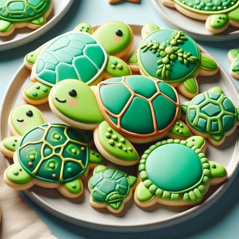 Turtle Sugar Cookies, Sea Turtle Cookies Decorated, Turtle Birthday Party, Sea Turtle Cookies, Christmas Turtle Cookies, Turtle Themed Birthday Party, Sea Turtle Birthday, Turtle Cookies Decorated, Turtle Shaped Cookies