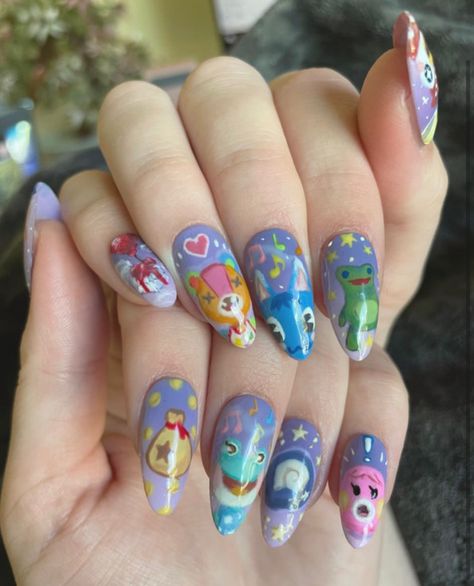 Purple ombré nails with animal crossing characters painted on each nail Animal Crossing Nails Design, Animal Crossing Nail Art, Aristocats Nails, Pokemon Nails Designs, Animal Crossing Painting, Animal Crossing Nails, Iris Nails, Nail Story, Neat Nails