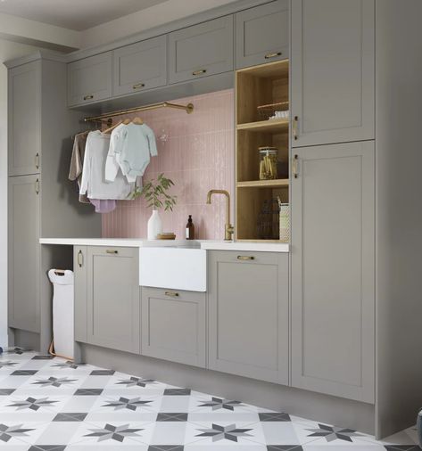 Utility Rooms | 50% off all cabinets | Magnet Small Room Storage, White Herringbone Tile, Boot Room Utility, Utility Room Designs, Shaker Kitchens, Larder Unit, Handleless Kitchen, Free Kitchen Design, Kitchen Magnet