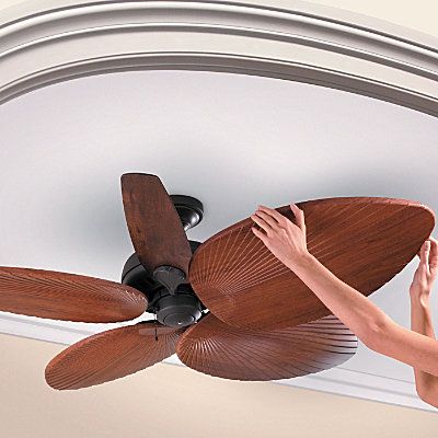 Palm-Leaf Ceiling Fan Blades for the tiki basement. Ceiling Fan Blade Covers, Hawaiian Bedroom, Tropical Ceiling, Ceiling Fan Cover, Leaf Ceiling, Tropical Ceiling Fans, Decorative Ceiling Fans, Ceiling Fan Makeover, Tropical Bathroom