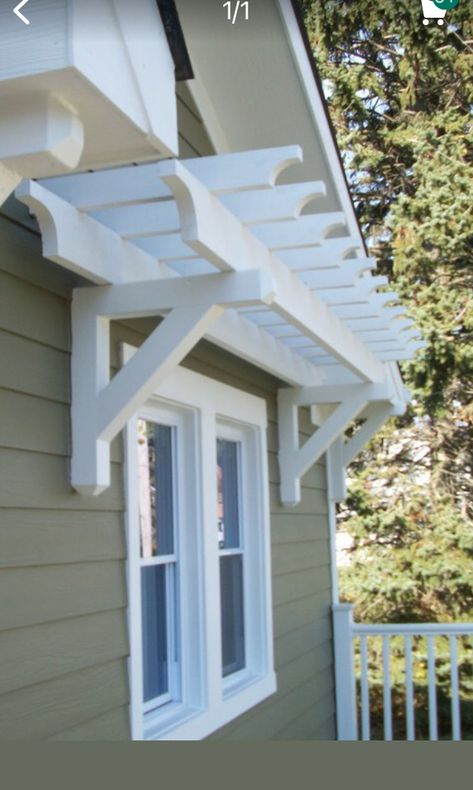 Arbors Over Windows, Pergola Window Awnings Exterior, Window Arbor Ideas, Wood Pergola Over Window, Pergola Window Awning, Pergola Over Window Curb Appeal, Arbor Over Window, Pergola Over Window Ideas, Eyebrow Pergola Garage Doors