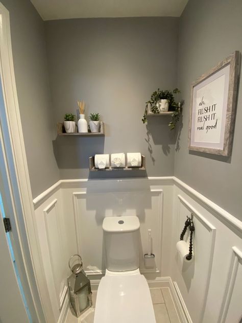 Cloakrooms With Panelling, Panelling Toilet Room, Small Downstairs Toilet Panelling, Small Bathroom Ideas With Panelling, Small Bathroom Panelling Ideas, Small Toilet Panelling Ideas, Small Toilet Wood Panelling, Panelling In Toilet, Grey Bathroom Panelling