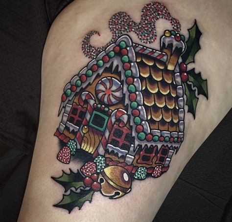 Gingerbread House Tattoo, Christmas Tattoos, Halloween Gingerbread House, Christmas Tattoo, Fantasy Tattoos, Home Tattoo, All Tattoos, S Tattoo, Old School Tattoo