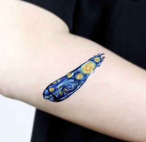 Small Starry Night Tattoo, Starry Starry Night Tattoo, Starry Night Van Gogh Tattoo, The Starry Night Tattoo, Starry Night Tattoo Ideas, Starry Night Tattoos, Stary Night Tattoos, Paint Tattoo Ideas, Painting Tattoo Ideas