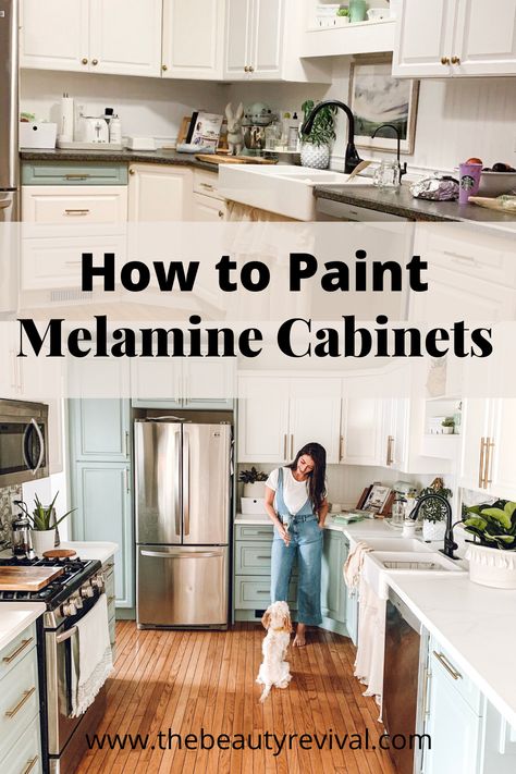 How to paint melamine cabinets. Cheap budget friendly kitchen makeover idea! Diy Updated Kitchen Cabinets, Paint Laminate Kitchen Cabinets, Painted Melamine Kitchen Cabinets, Painting Melamine Kitchen Cabinets, How To Paint Melamine Cabinets, Inside Cabinets Makeover, Melamine Cabinet Makeover, Paint Melamine Cabinets, Diy Painting Kitchen Cabinets