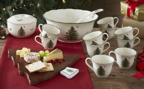 It's not a holiday party without the iconic Spode Christmas Tree. The latest additions to the collection loved the world over include a punch bowl set and cups, one quart casserole dish, and cheeseboard with spreader. 🎄 Xmas Punch, Christmas Tree Collection, Punch Bowl Set, Spode Christmas Tree, Spode Christmas, Wooden Cheese Board, Holiday Dining, Festive Tables, Whimsical Christmas