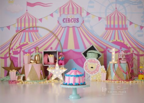 Circus Birthday Photoshoot, Carnival Cake Smash, Circus 1st Birthday Photoshoot, Circus Theme Photoshoot 1st Birthdays, Circus Smash Cake, Circus Cake Smash, Circus Cake Smash Photoshoot, Pastel Carnival Backdrop, Circus Birthday Party Decorations