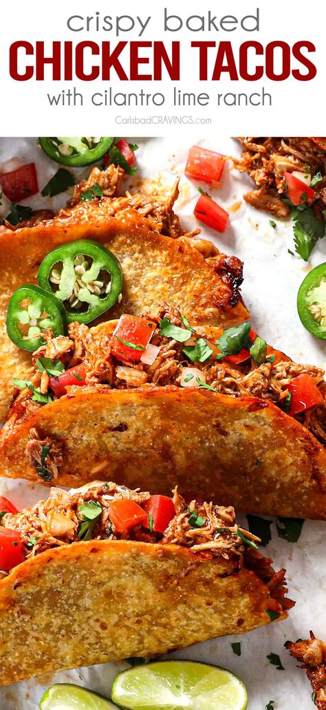 Baked Chicken Tacos Chicken Tacos Recipe, Crispy Oven Baked Chicken, Baked Chicken Tacos, Homemade Corn Tortillas, Crispy Tacos, Chicken Taco Recipes, Carlsbad Cravings, Homemade Enchilada Sauce, Homemade Enchiladas