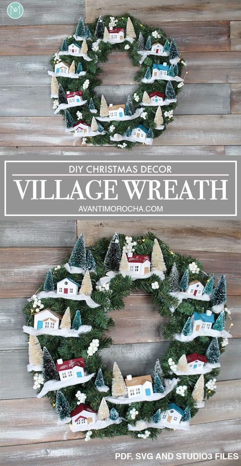 Wreath With Houses On It, Christmas Village Wreath Diy, Paper Village Wreath, Christmas Village Wreath, Christmas Village Cricut, Cricut Village Houses, Village Wreath, Diy Techniques And Supplies, Believe Christmas