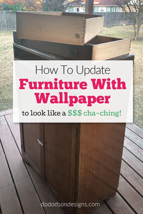 Furniture With Wallpaper, Wallpaper Drawers, Wallpaper Dresser, Wallpaper Bookcase, Paintable Textured Wallpaper, Updating Furniture, Update Furniture, Cupboard Makeover, Wallpaper Cabinets