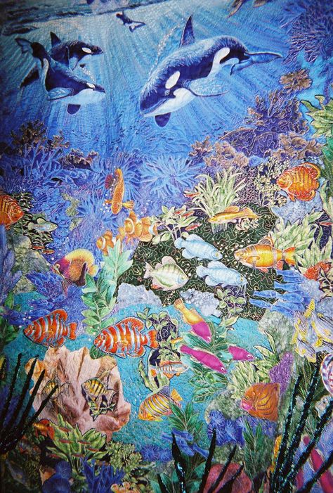 This is the UnderWater Wonders Quilt I entered in the Quilting Blogger's Gallery Contest this past week .This is the first time I have ever ... Seascape Quilts, Ocean Quilt, Turtle Quilt, Quilt Stories, Fish Quilt, Beach Quilt, Sea Quilt, Landscape Quilt, Landscape Quilts