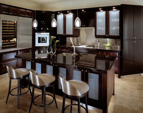 Gorgeous contemporary kitchen in dark hues brings in light, airy appeal with frosted glass door cabinets Frosted Glass Kitchen, Kitchen Cabinets Dark, Wooden Kitchen Furniture, Glass Kitchen Cabinet, Glass Kitchen Cabinet Doors, Glass Kitchen Cabinets, Kitchen Glass, Dining Setting, Black Kitchen Cabinets