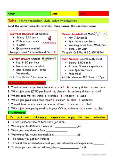 Understanding Job Advertisements - English ESL Worksheets for distance learning and physical classrooms Free English Worksheets, Esl Reading, English Exercises, Living Skills, Grammar Practice, Job Advertisement, English Activities, Esl Teaching, English Worksheets