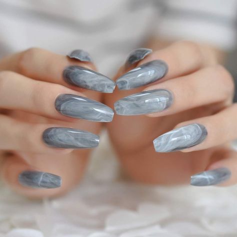 Gray Marble Nails, Grey Marble Nails, Nails Quince, Long Ballerina Nails, Nails Gray, Nail Long, Long Fake Nails, Vampire Nails, Gray Nail