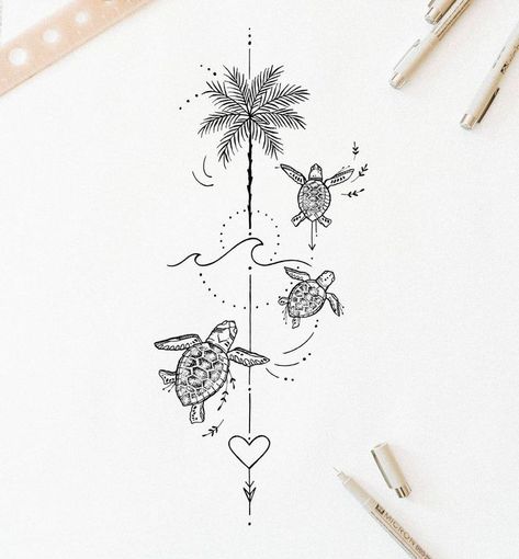 Beach Tattoo Ideas, Turtle Tattoo Designs, Palm Tattoos, Muster Tattoos, Sand And Sea, Beach Tattoo, Spine Tattoos For Women, Парные Тату, Turtle Tattoo