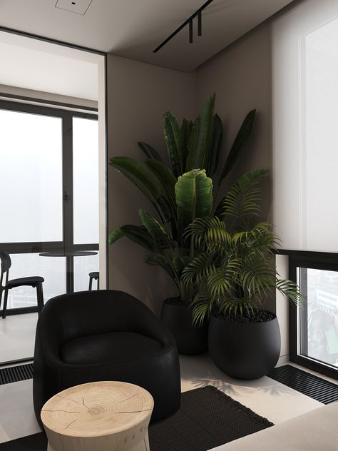 DS9N on Behance Aesthetic Studio Decor, Plants In Apartment Aesthetic, Dark Room With Plants, Salon With Plants, Plants In Bedroom Ideas, Black Living Room Aesthetic, Black Home Interior Design, Room Decor Black, Bedroom Wall Decor Ideas