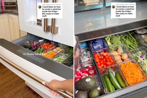 I’m trying to eat healthier this year — so I put a salad bar in my fridge Salad Fridge Storage, Salad Storage In Fridge, At Home Salad Bar In Fridge, Home Salad Bar Ideas, Fridge Salad Bar Ideas, Refrigerator Salad Bar, Fridge Salad Bar, Rv Homesteading, Home Salad Bar