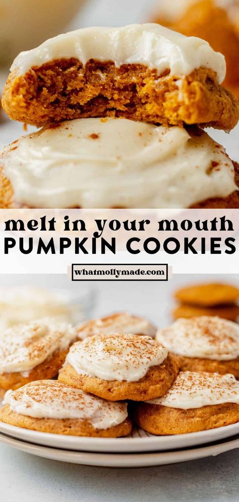 These pumpkin cookies are thick and cakey, with tons of pumpkin spice flavor, and a layer of cream cheese frosting. They're an easy cookie dough, made in one bowl, that you don't have to chill.  You need basic cookie ingredients like flour, brown sugar, white sugar, eggs, and of course, pumpkin puree. They're ultra soft, light, and moist—perfect for fall, Thanksgiving, and Halloween. They can even be made gluten-free and dairy-free. Soft Pumpkin Cookie Recipe, Easy Pumpkin Cookies, Pumpkin Cookies With Cream Cheese, Iced Pumpkin Cookies, Pumpkin Cookies Healthy, Pumpkin Cookies Easy, Cookies With Cream Cheese Frosting, Pumpkin Cream Cheese Pie, Soft Pumpkin Cookies