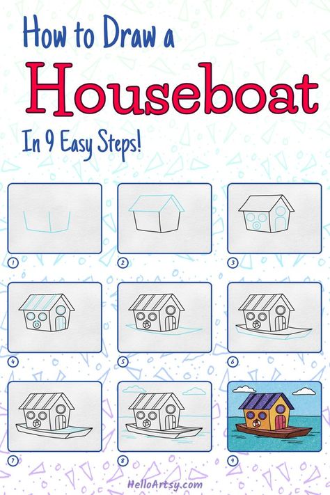 Step by step drawing lesson teaching kids a How to Draw a Houseboat Houseboat Drawing, Nautical Drawing, Landscape Steps, Beach Drawing, Boat Drawing, Drawing Lessons For Kids, Draw Easy, Drawing Lesson, Easy Doodles Drawings