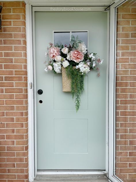 1960 Front door makeover reveal Oyster Bay Front Door, Oyster Bay Sherwin Williams, Front Door Transformation, Door Transformation, Window Grids, Tape Window, Front Door Makeover, Front Walkway, House Outdoor