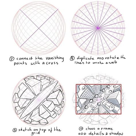 Spherical perspective can look very complicated, but using these steps make it really not that hard to pull of. Working on new video… 4 Point Perspective, Perspective Step By Step, Drawing Environments, Mitch Leeuwe, Perspective Grid, Drawing Grid, Perspective Images, Grid Drawing, Perspective Drawing Architecture